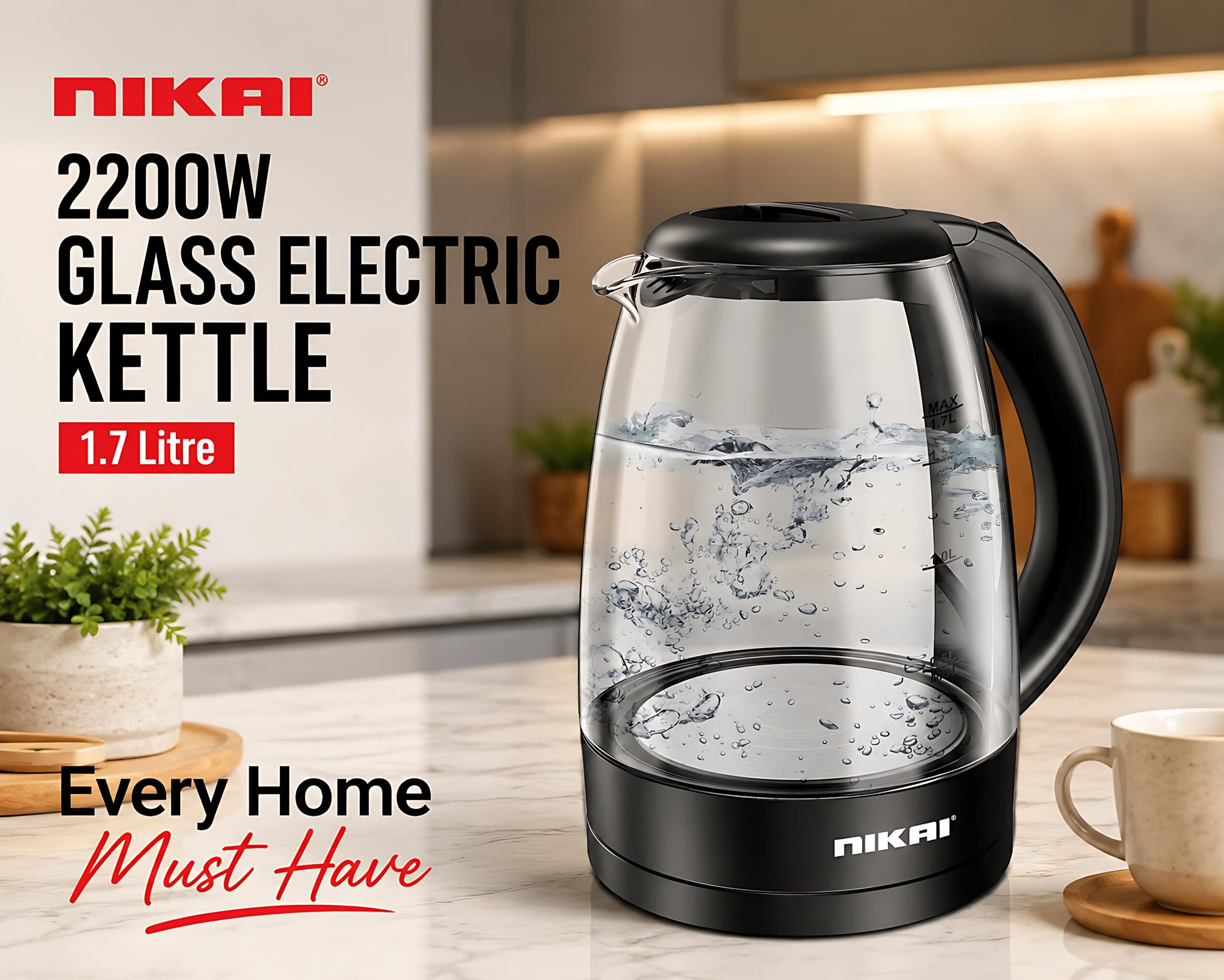 Nikai 2200W Glass Electric Kettle 1.7L